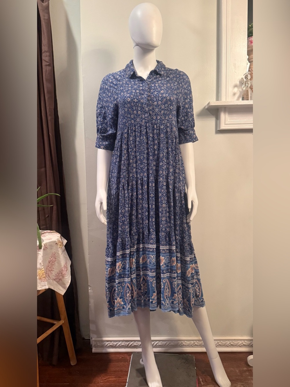 NATURAL LIFE Navy Blue Floral Tiered Maxi Shirt Dress